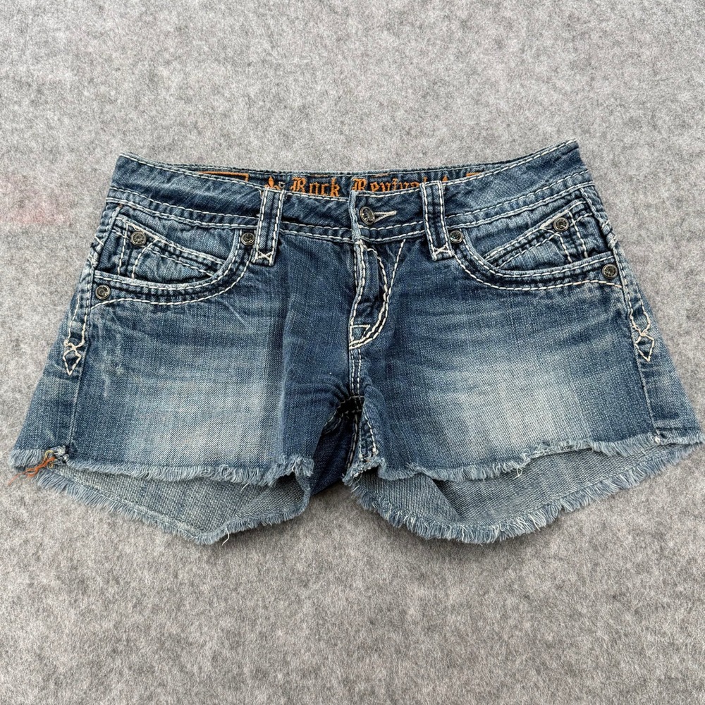 Rock Revival Scarlett Denim Shorts Size 30 Medium Wash Rhinestone Frayed Hem